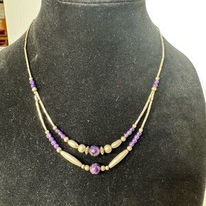 Silvertone 18” Necklace with double strand of purple beads and silver beads.